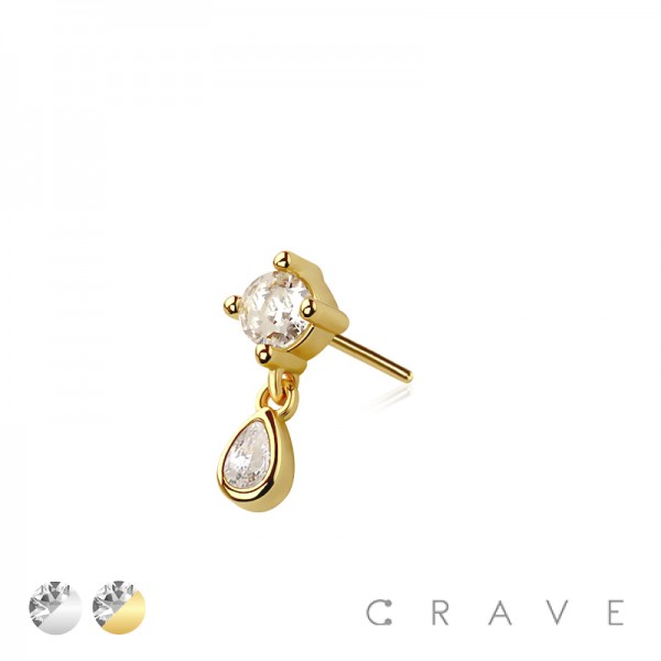316L SURGICAL STEEL THREADLESS PUSH IN TEAR DROP CZ DANGLE TOP PART